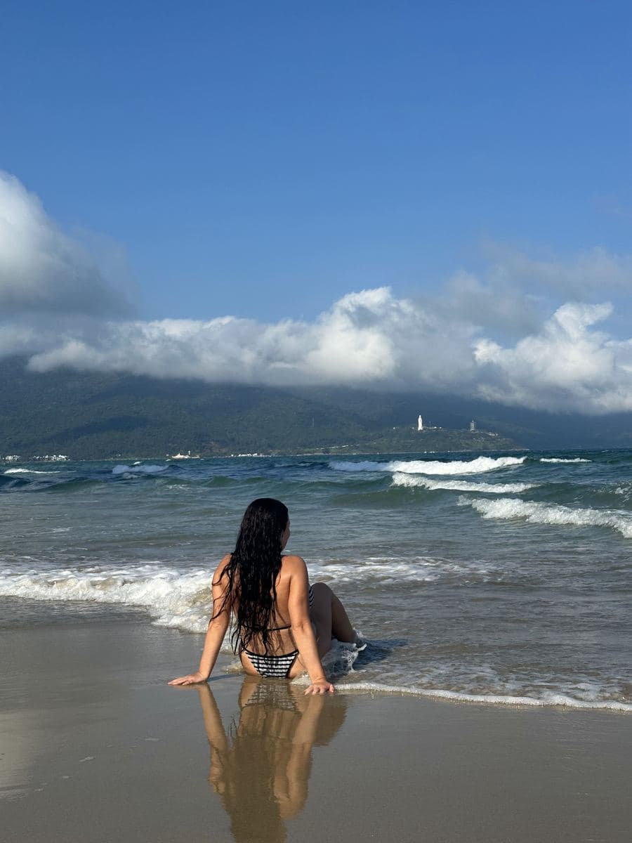 Valeria in the surf at My Khe Beach